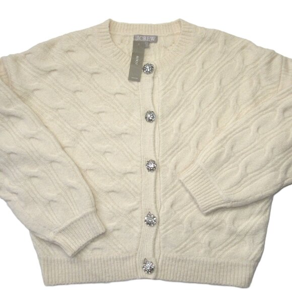 NWT J.Crew Cable-knit Cardigan Sweater in Heather Muslin with Jewel Buttons L - Picture 3 of 6